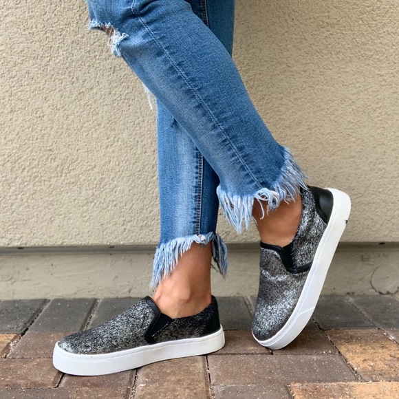 NIB Metallic Faux Pony Hair Fur Slip On Sneakers - Picture 2 of 8